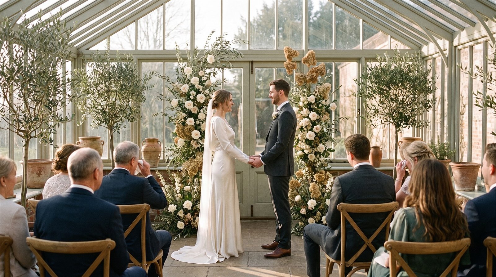 AI-created wedding ceremony in a sunlit conservatory