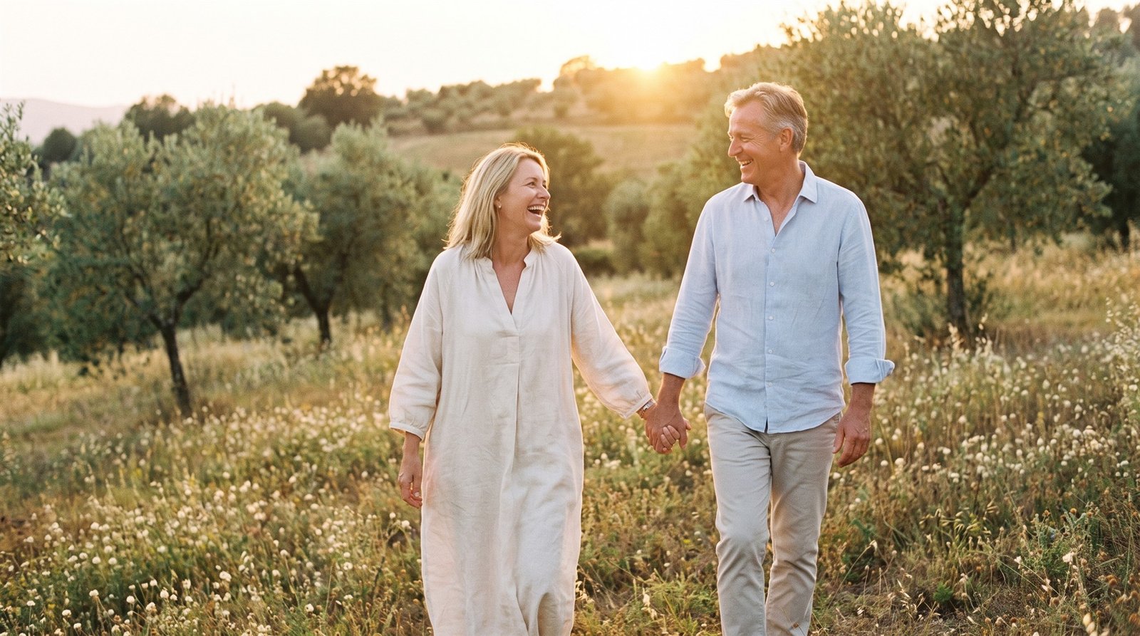 AI-created couple walking hand in hand through a wildflower meadow