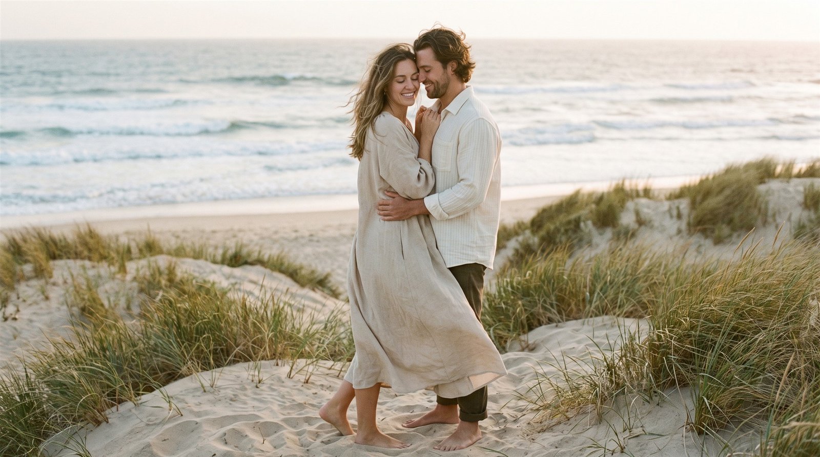 AI-created couple embracing beside the sea
