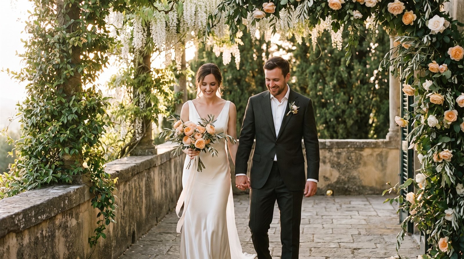 AI-created bride and groom beneath flowering roses