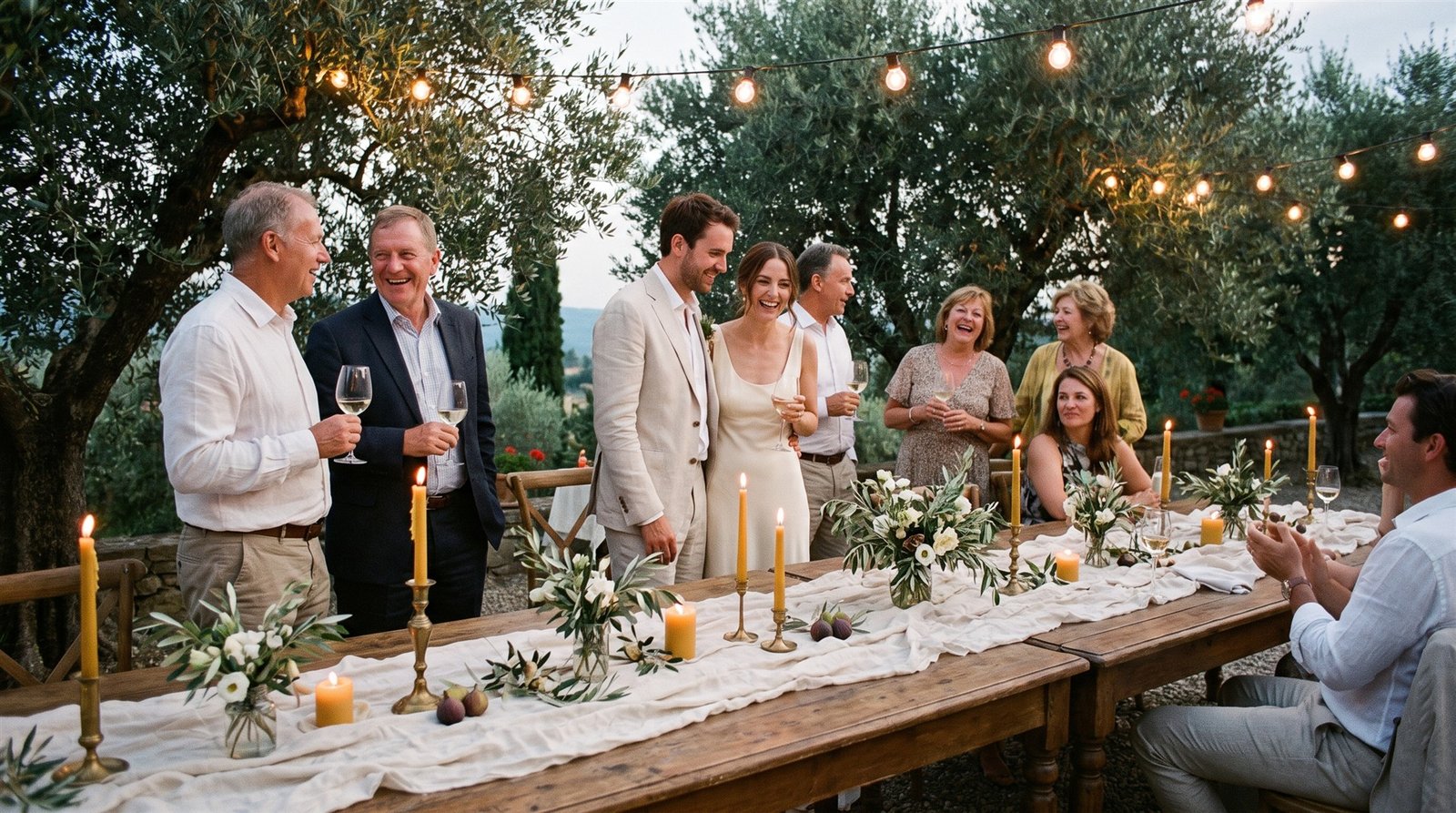 AI-created wedding reception beneath olive trees and string lights