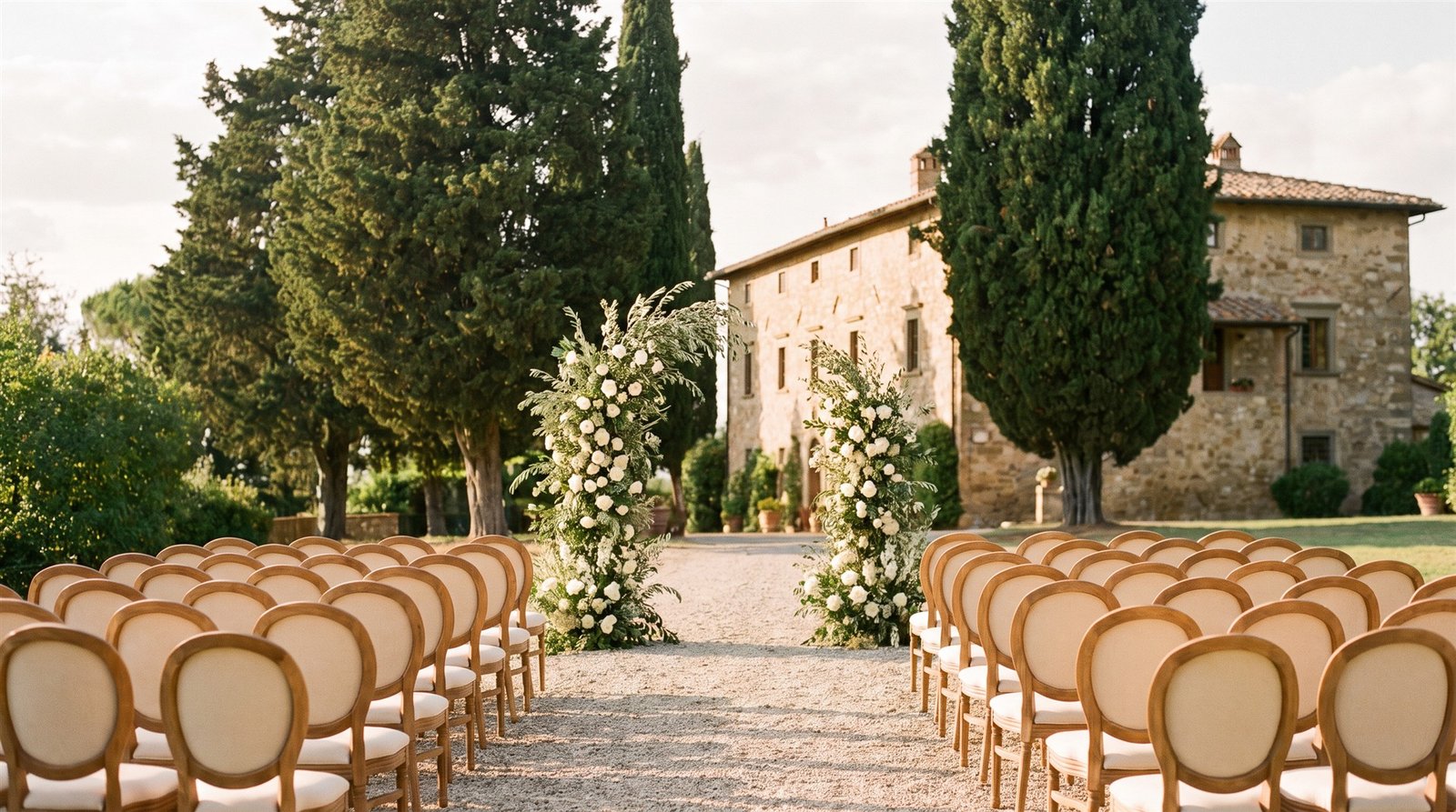 AI-created garden ceremony setting with floral arrangements and wooden chairs