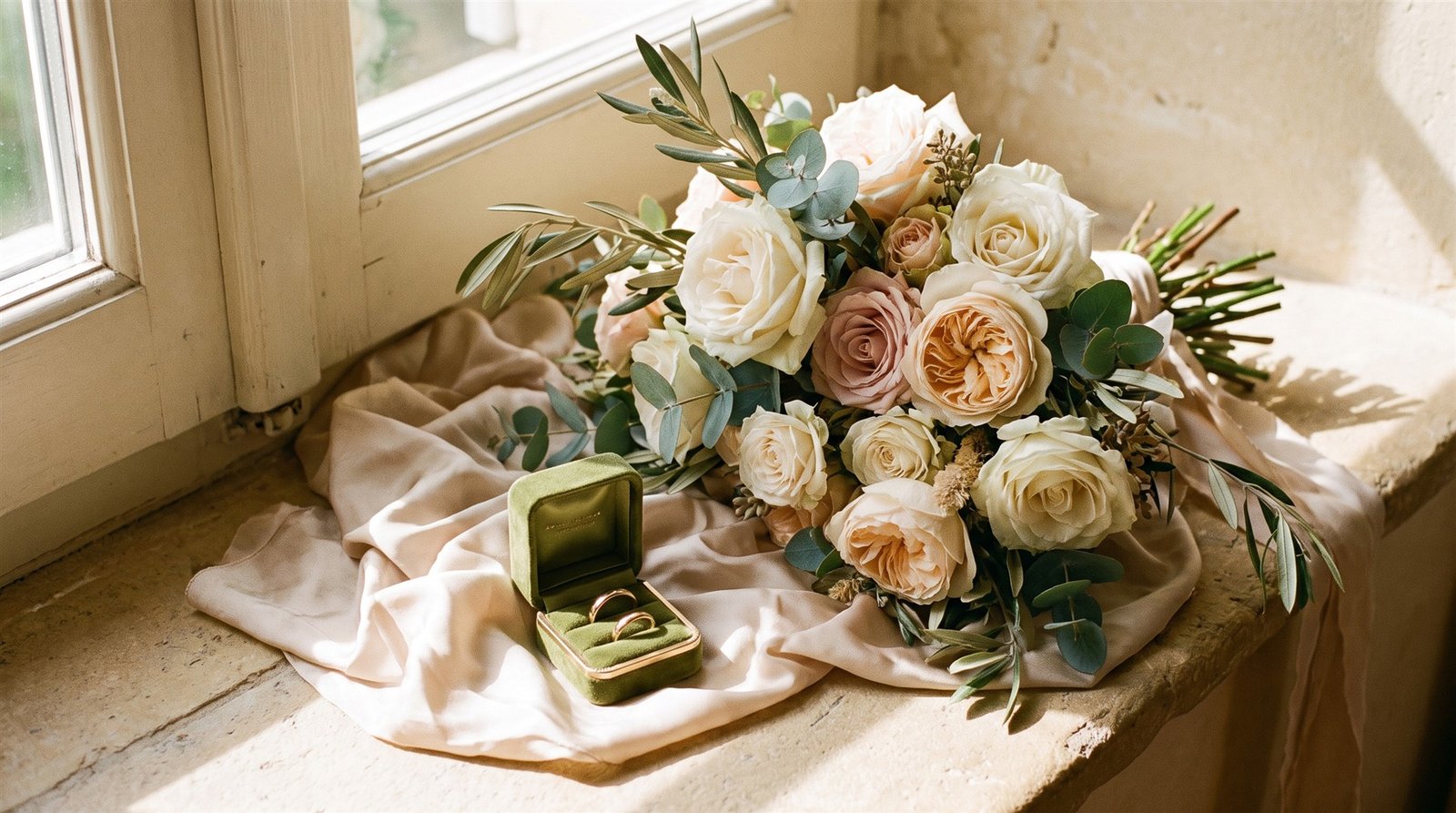 AI-created bridal bouquet and gold wedding rings in soft window light