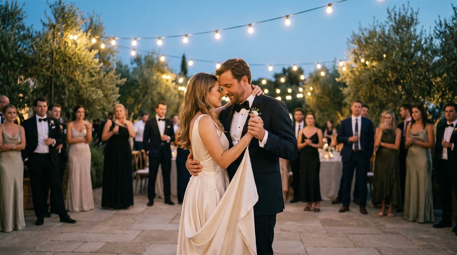 AI-created first dance beneath evening string lights