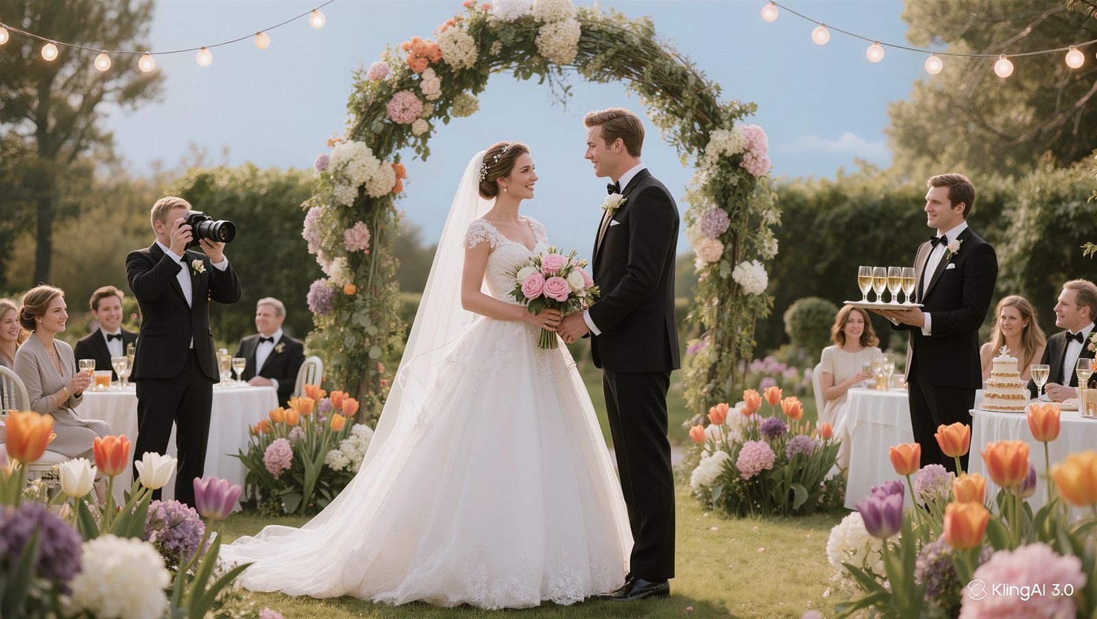 A garden ceremony beneath a floral arch