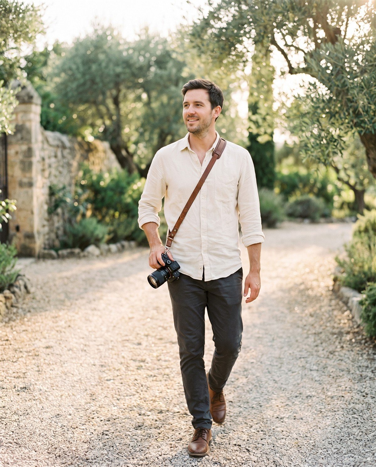 Illustrative AI-created portrait of a photographer walking through a garden with his camera